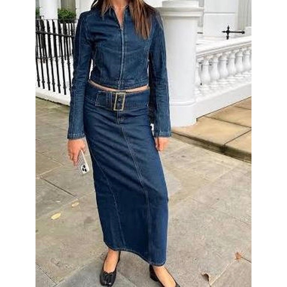 Lioness Belted Denim Maxi Skirt Dark Wash High Rise Back Slit XS